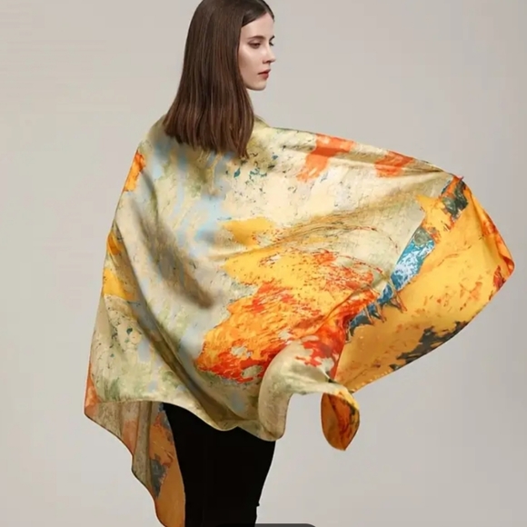 NWT Elegant Retro Landscape Shawl Scarf Wrap Tangerine Orange Teal - Picture 2 of 3